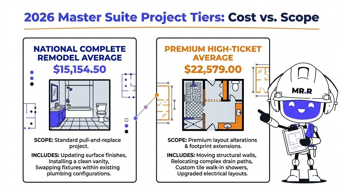 A 2026 master bathroom pricing tier graphic comparing a standard pull-and-replace remodel ($15,154.50) with a premium structural renovation ($22,579.00).